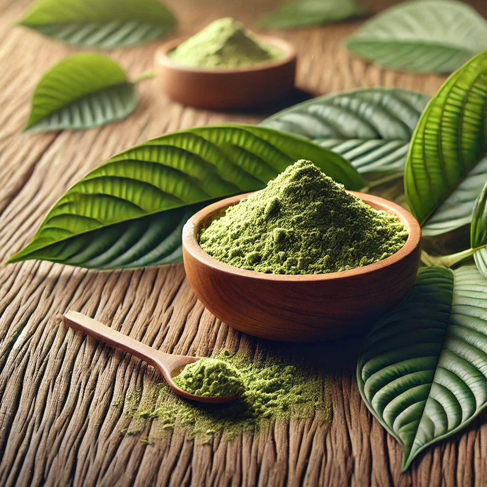 Obrázek zobrazuje listy rostliny kratomu (Mitragyna speciosa), která je známá pro své stimulační a analgetické účinky. Kratom pochází z jihovýchodní Asie a jeho listy jsou používány pro přírodní podporu energie, úlevu od bolesti a relaxaci.