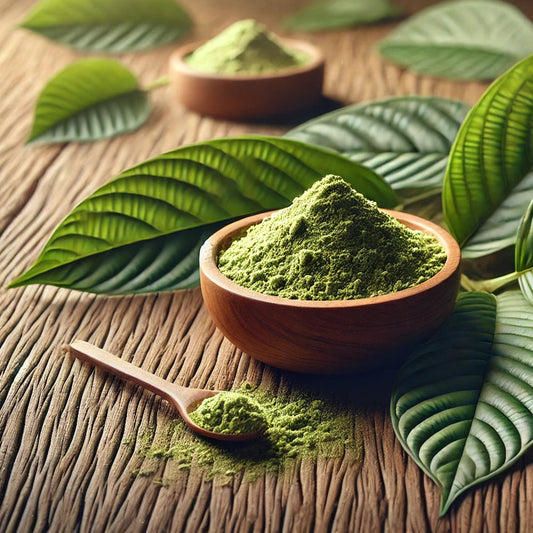 Obrázek zobrazuje listy rostliny kratomu (Mitragyna speciosa), která je známá pro své stimulační a analgetické účinky. Kratom pochází z jihovýchodní Asie a jeho listy jsou používány pro přírodní podporu energie, úlevu od bolesti a relaxaci.